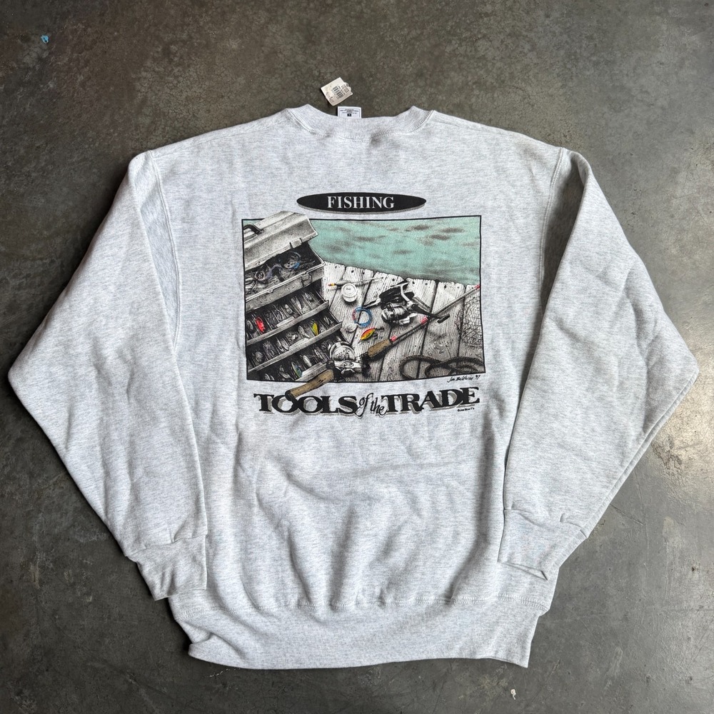 Vintage 90s Fishing Graphic Sweatshirt Oldstock Double Sided Crewneck Mens Large